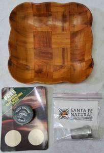 lot 52 image: Fun Finds (1) Tape Measure Scale (1) Santa Fe Natural Tobacco Company Key Chain (1) Square Bowl (View Photo)