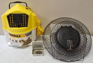 lot 60 image: Vintage Fishing Gear (1) Frabill Flow - Troll (1) Wire Collapsable Fish Basket (1) Box of Fishing Hooks (View Photos)