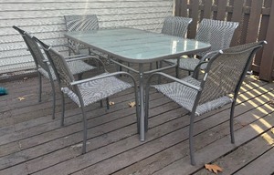 lot 6 image: Awesome Glass Top Patio Table with Six Chairs