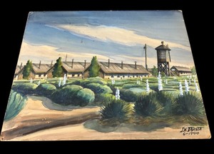 lot 129 image: Unframed Vintage Watercolor Painting JH Takata Amache Relocation Center by Hijimi Takata