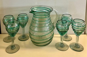 lot 48 image: Mexican Glass Pitcher and Stemware