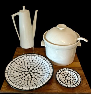 lot 53 image: White Decorative Plates, Ironstone Moonstone Japan Porcelain Coffee Pot With Lid 4253 MCM Vintage and Soup Tureen