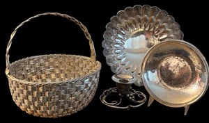lot 231 image: Vintage Silver Plate Bowls, Plate, Candle Holder and Basket