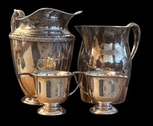 lot 228 image: Two Vintage Silver Plated Pitchers and Cream and Sugar