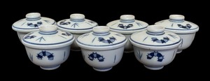 lot 300 image: Seven Blue and White Covered Rice Bowls