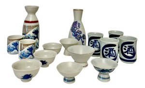 lot 265 image: Vintage Porcelain Japanese Sake Decanter Sets including Kiku Masamune Floral Blue Gold