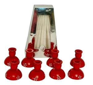 lot 263 image: Vintage Swedish Red Wooden Candle Holders with Candles