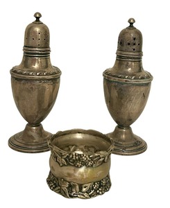 lot 196 image: Vintage La Pierre Sterling Silver Salt and Pepper Shakers and Napkin Ring