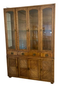lot 5 image: Large Wood Display Cabinet with Glass Doors and Storage Cabinets