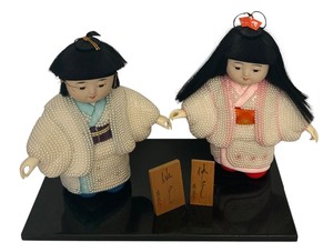 lot 183 image: Pair Vintage Japanese Wood Grain Style Dolls and Collectable Card