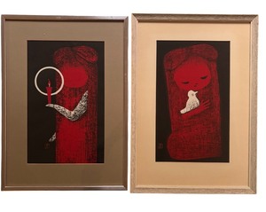 lot 370A image: Kaoru Kawano  Girl and Candle & Kaoru Kawano  Girl and Bird Framed Art Prints