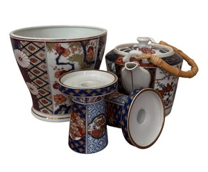 lot 239 image: Vintage Japanese Porcelain Planter, Candlesticks and Tea Pot