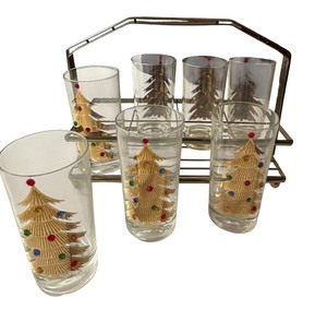 lot 448 image: Vintage MCM Set of 7 Culver Gold Jeweled Christmas Tree Highball Tumbler Glasses w Caddy Mid-Century