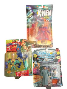 lot 347A image: X-Men Magneto Action Figurine, Playmates Toys Earthworm Jim Action Figure and Star Trek & Star Trek The Next Generation Lt. Cmdr Data As A Romulan Playmates