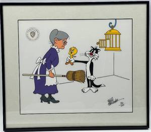 lot 86 image: Framed Limited Edition Warner Bros Animation featuring Granny, Sylvester, and Tweety Bird by FRIZ FRELENG