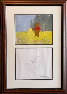 lot 92 image: Framed Winnie the Pooh Animation Cel and Sketch Grow Flowers Up, Grow 1980