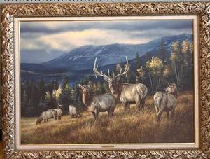lot 102 image: Autumn Gold Elk by Rosemary Millette Framed Painting with Certificate
