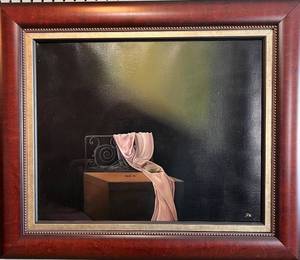 lot 107 image: Original Oil Painting Interior with Cherries by Richard Rivera