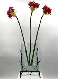 lot 150 image: Artisan Handcrafted Glass Vase with Metal Stand and Faux Flowers