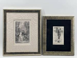 lot 253 image: Pair of Framed Vintage Prints - Romantic Scene & Street Figure