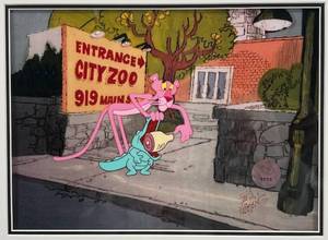lot 367 image: Framed Animation Cel Signed by Friz Freleng Featuring Pink Panther
