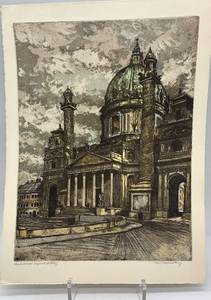 lot 442 image: Signed Hand-Coloured Original Etching of Architectural Landmark