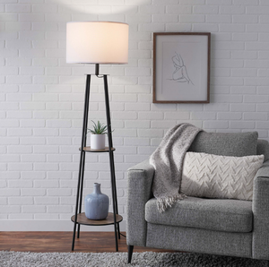 lot 609 image: Mainstays Etagere 62 Matte Black Mid-Century Style Floor Lamp, with 2 Wood Shelves