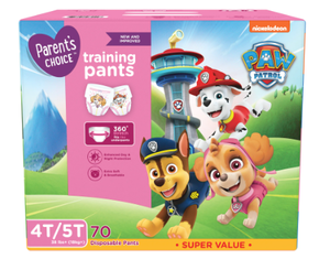 lot 401 image: LOT OF 2 Parents Choice Paw Patrol Training Pants for Girls, 4T5T, 70 Count