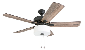 lot 23 image: Prominence Home Canoe Ridge 52 Bronze Farmhouse Ceiling Fan with 5 Blades, Linen Drum Shade, Pull Chains & Reverse Airflow