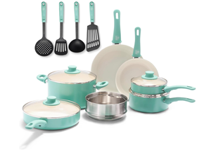 lot 49 image: 15PCS GreenLife Soft Grip Healthy Ceramic Nonstick, Cookware Pots and Pans Set