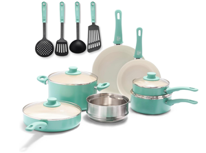 lot 51 image: 15PCS GreenLife Soft Grip Healthy Ceramic Nonstick, Cookware Pots and Pans Set