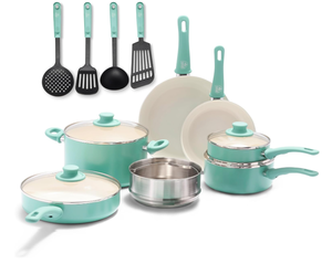 lot 53 image: 15PCS GreenLife Soft Grip Healthy Ceramic Nonstick, Cookware Pots and Pans Set