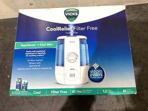 lot 707 image: Vicks 1.2 Gallon Cool Relief Filter Free Ultrasonic Humidifier, 400 sq ft, VUL600