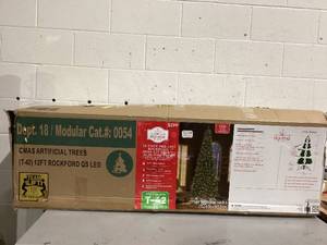 lot 727 image: 12ft Pre-Lit Rockford Sure-Lit Pole Slim Pine Christmas Tree, 800 LED, Green, by Holiday Time