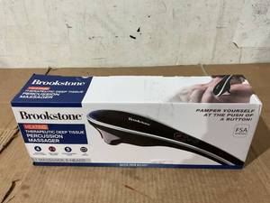 lot 338 image: Brookstone Handheld Percussion Body Massager, 4 Vibration Modes, 5 Interchangeable Heads, Black