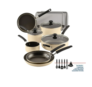 lot 464 image: Farberware Easy Clean 22 Piece Nonstick Aluminum Cookware Set, Almond