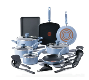 lot 477 image: T-fal Kitchen Solutions, 22 Piece Non-Stick Pots and Pans Cookware Set, Ocean Blue