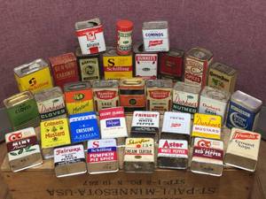 lot 307 image: Group Vintage Spice Tin Containers - Some Contents