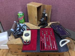 lot 312 image: Group Vintage Measuring - Microscope - Sphygmomanometer - Drafting