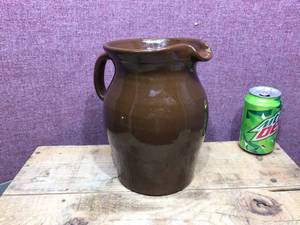 lot 128 image: Vintage Brown Glaze Crock Water Pitcher - Nice