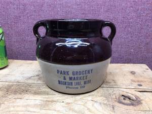lot 157 image: Antique Advertiser Crock Bean Pot - Check Out The Phone #