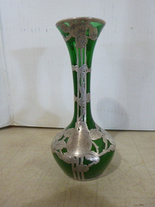 lot 11 image: Antique Bulb Vase (Green Glass with Silvered Rim Overlay)