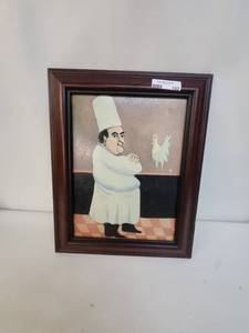 lot 103 image: Framed Chef and Chicken Artwork with Wooden Frame