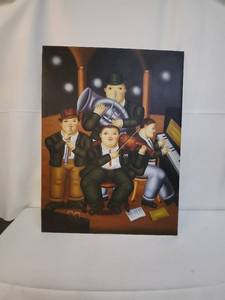 lot 105 image: Fernando Botero Style Painting of Musicians