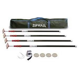 lot 25 image: ZipWall ZP4 Contains 4 10 ft. Steel Spring Loaded Poles 4-Heads, 4-Plates, 4-Tethers, 4-Grip Disks, 2-Zippers and 1-Carry Bag  Customer Returns See Pictures