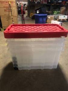 lot 9 image: Lot of  HDX 77 Gal. Tough Storage Tote with Wheels in Clear with Red Lid    Customer Returns See Pictures