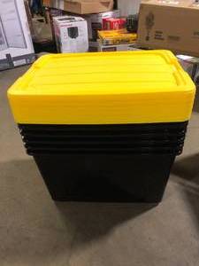 lot 39 image: 60 Qt.15 Gal. Plastic Storage Boxes with Latching Lids in Black and Yellow - Set of 6   Customer Returns See Pictures