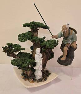 lot 142 image: Vintage Ceramic Figure & Faux Bonsai Tree & Geisha Decor