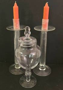 lot 161 image: Pair of Decorative Glass Pillar Candleholders  Apothecary Style Glass Jar