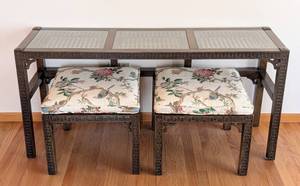 lot 23 image: Vintage Carved Mahogany Console  Stool Set